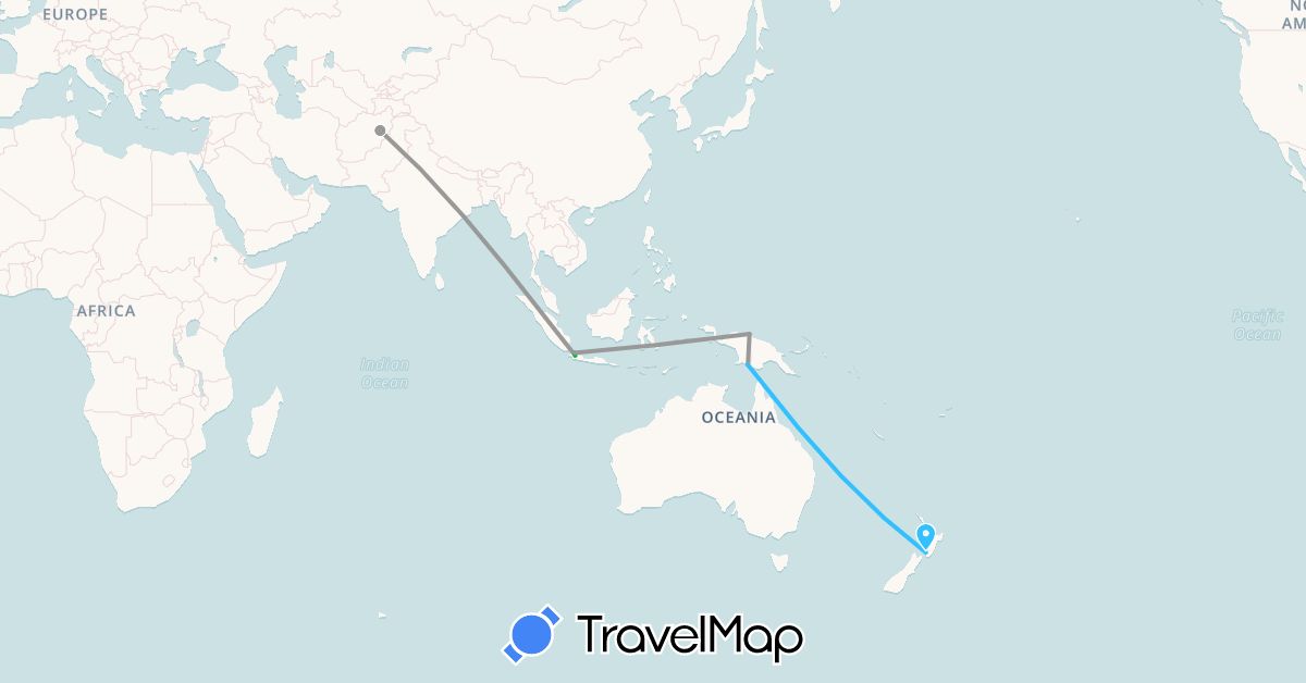TravelMap itinerary: driving, bus, plane, boat in Afghanistan, Indonesia, New Zealand (Asia, Oceania)